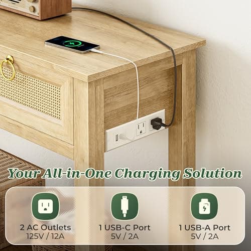 SUPERJARE Rattan Console Sofa Table with Outlets and USB-C Port, 2 Drawer Entryway Table with Synthetic Rattan Surface, 39 Inch, Open Shelf, Behind Couch Entry Foyer Hallway Storage, Natural thumbnail 4