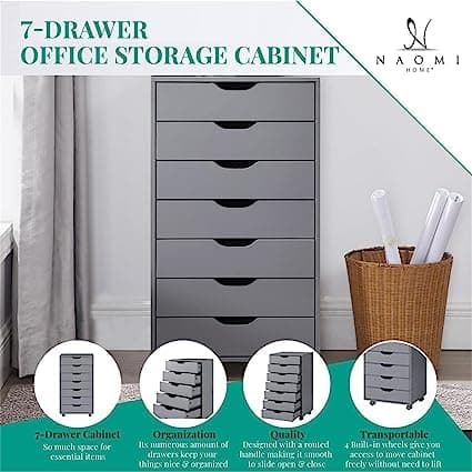 Naomi Home 7 Drawer Office Storage File Cabinet, Under Desk Storage File Cabinets for Home Office, Office Organization Filing Cabinet with Wheels, Printer Stand with Storage, 180 lbs Capacity – White - White - 7 Drawer thumbnail 3