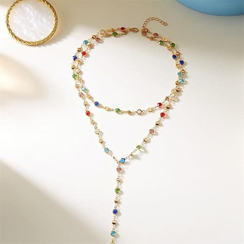 Colorful Crystal Long Necklace for Women Dainty Boho Y-Shaped Color Bead Necklaces Sparkly Rhinestone Pendant Layered Gold Long Chain Choker Good Luck Trend Jewelry Gift Jewelry thumbnail 4