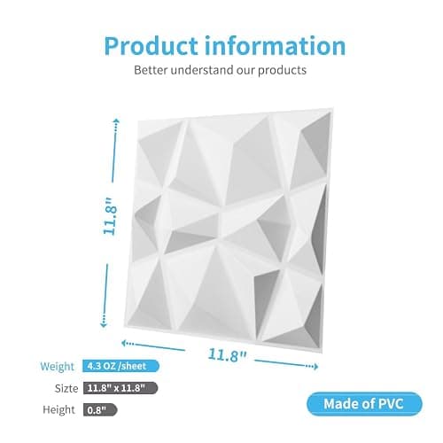 Art3d Decorative 3D Wall Panels in Diamond Design, 12"x12" Matt White (33 Pack) thumbnail 3