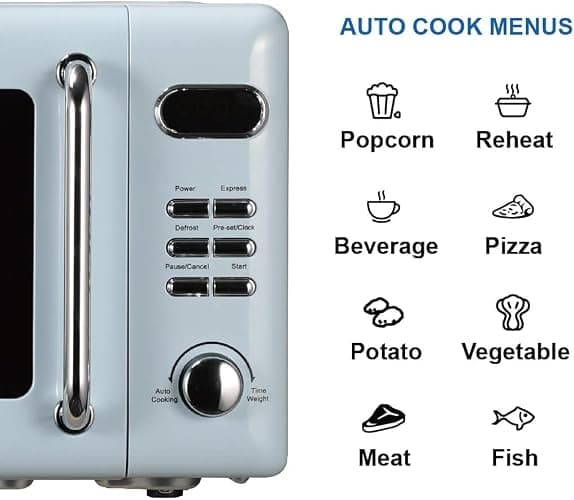 Emerson MWR7020BL Retro Compact Countertop Microwave Oven with Button Control, LED Display, 700W 5 Power Levels, 8 Auto Menus, Glass Turntable and Child Safe Lock, 0.7, Thunderbird Blue thumbnail 5