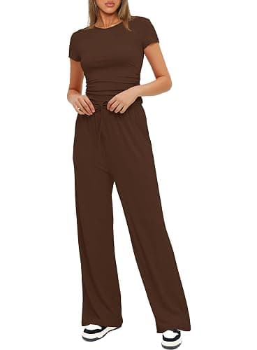 Darong Women's 2 Piece Lounge Sets Short Sleeve Tops High Waisted Wide Leg Pants Airport Travel Outfits Matching Sets thumbnail 4