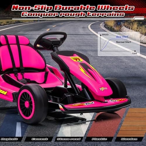 Leisrideon 24V Go Karts for Kids Ages 6-12, 400W Electric Go Kart with EVA Tires, Max Speed 8.1 MPH, High/Low Speed, Music, USB, Fast Drift Go-Kart Outdoor Ride on Toy for Boys Girls (Rose Red) thumbnail 7