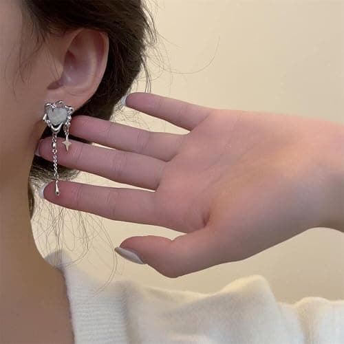Moonstone Heart Stainless Steel Earrings For Women Teen Girls Tassel Silver Star Dangle Earrings Dangling Y2k Earinging Earrings thumbnail 6