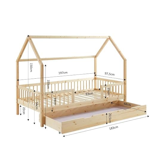 BAÏTA Lit enfent cabane Tiny pin Massif 90x190 sommier + tiroir Inclus - Avec tiroir - 90x190 - Naturel thumbnail 3