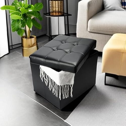 Bsketa Storage Ottoman, Folding Foot Stool with Thicker Foam Padded Seat Small Leather Storage Ottoman Bench Foot Rest for Living Room Foldable Coffee Table 17x13x13in,Black thumbnail 4