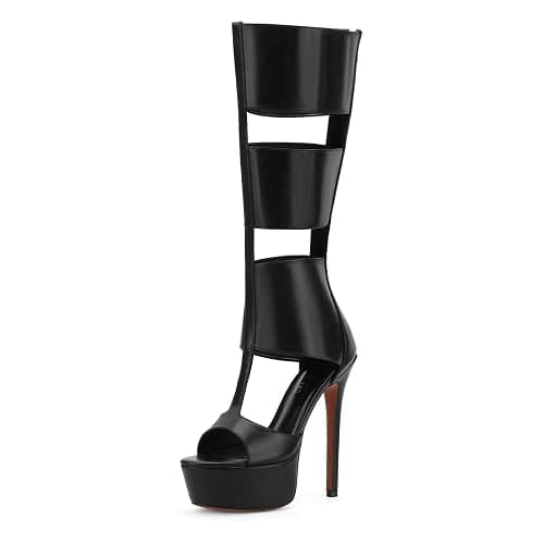FancyQueen Platform Knee High Heels for Women, Gladiator Open Toe Summer Boots Black Heels Sandal, Sexy Style Casual for Party thumbnail 7