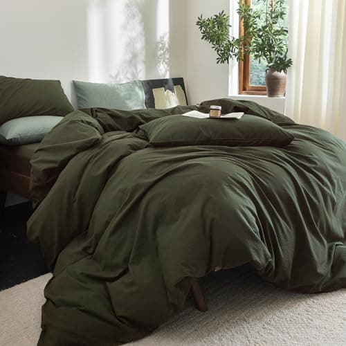 FOSSA Duvet Cover Set 100% Washed Cotton Linen Feel Super Soft Breathable Cozy 3 Pieces Bedding Sets Solid Olive Green Full/Double thumbnail 7