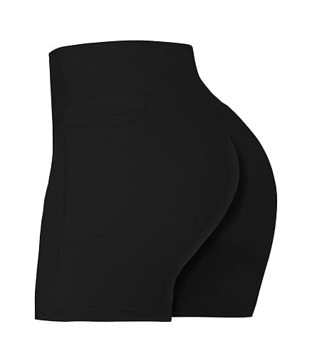 Sunzel No Front Seam Biker Shorts for Women with Pockets, Yoga Workout Gym Bike Shorts with Tummy Control - 5" Inseam - Medium - Black - Image 1