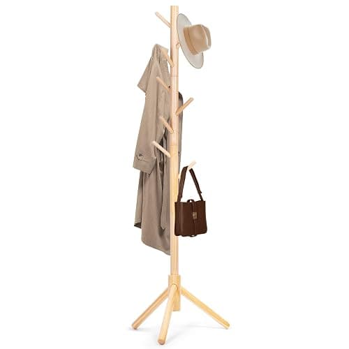 Freyawin Solid Wooden Coat Rack Freestanding, New Zealand Pine Coat Tree with 8 Hooks & 3 Adjustable Sizes for Coats, Hats, Handbags and Scarves, Space Saving for Entryway/Office/Bedroom (Nature) - Image 1