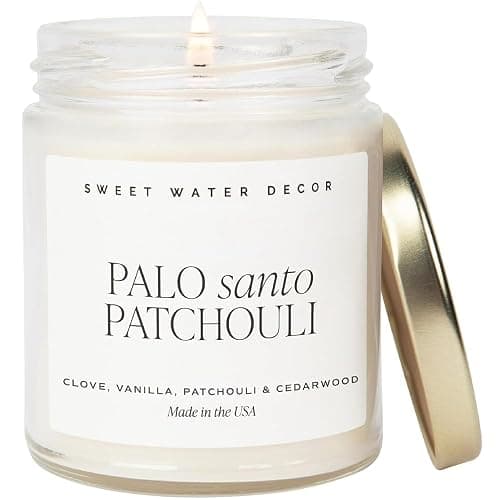 Sweet Water Decor Palo Santo Patchouli Candle - Soy Clove, Vanilla, Patchouli, Cedarwood Scented Spa Candles for Home -9oz Clear Jar + Gold Lid, 40+ Hour Burn Time, Made in The USA - Image 1