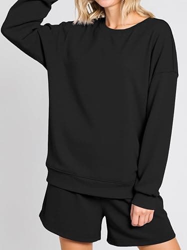 Tankaneo Womens Oversized 2 Piece Outfits Sweatsuit Casual Long Sleeve Crewneck Sweatshirts Sweat Shorts Fall Lounge Sets thumbnail 3