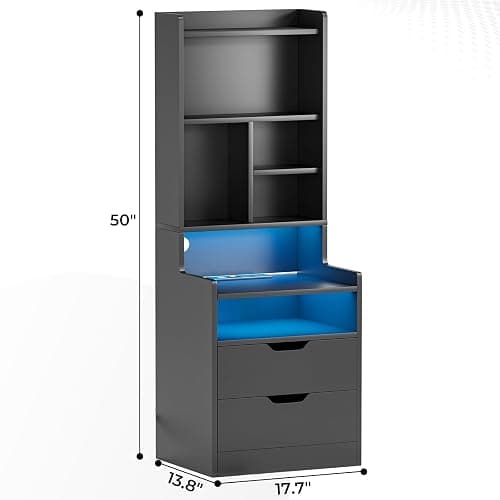 ADORNEVE Tall Night Stand with Charging Station and LED Lights,Nightstand with Bookshelf,Bedside Table with Drawers & Power Outlets,End Side Table for Bedrooms (Black) thumbnail 3