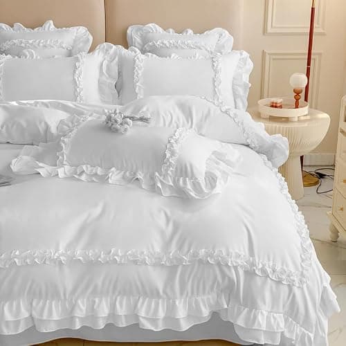 Girls Lace Bedding, Queen Comforter Cover Set, Chic Ruffled Duvet Cover with 2 Layers Ruffle,Princess Style 1 Duvet Cover with 2 Pillowcases, No Comforter-White,Queen Size thumbnail 6