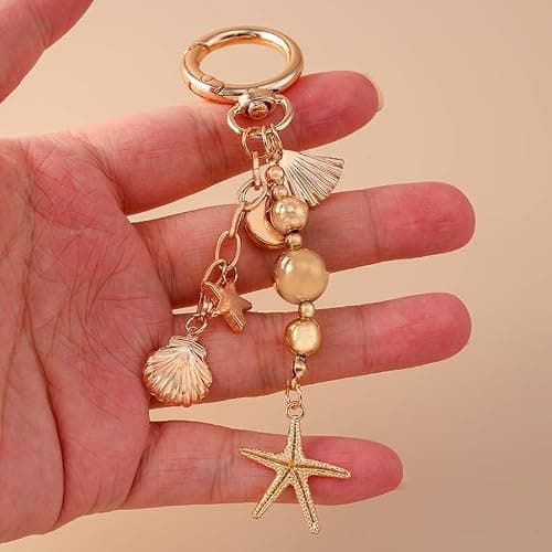 TUCEWP Gold Starfish Keychain for Women Girls Cute Shell Conch Bead Tassel Keyring Summer Beach Bag Charm for Handbags thumbnail 4