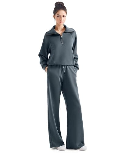 SUUKSESS Women 2 Piece Lounge Matching Set Wide Leg Sweatpant Half Zip Sweatshirt thumbnail 6