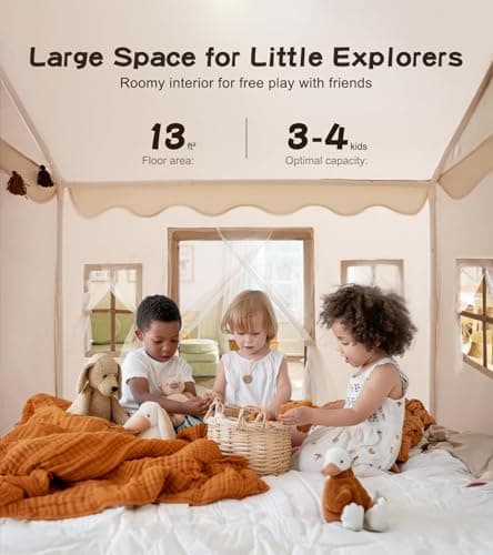Large Kids Play Tent with Mat, XICEN Play Tent Indoor with Star Lights and Windows, Playhouse for Boys and Girls Aged 3+, Kid Tent with Mat Washable (Cream) thumbnail 3