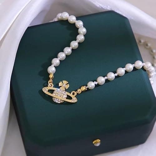 Pearl Saturn Necklace for Women Rhinestone Planet Choker Artificial Pearl Necklace Birthday Party Anniversary Ladies' Wedding Charm Jewelry Gift thumbnail 8