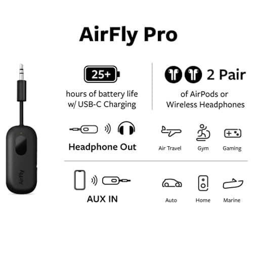 Twelve South AirFly Pro Bluetooth Wireless Audio Transmitter/Receiver for up to 2 AirPods/Wireless Headphones; Use with Any 3.5 mm Audio Jack, Black thumbnail 3
