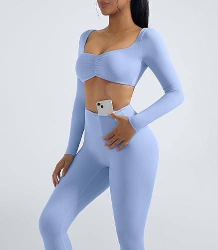 OMKAGI 2 Piece Workout Sets for Women Long Sleeve Padded Sports Bra High Waisted Gym Outfits with Pocket thumbnail 3