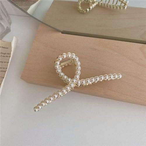 2 Pack Matte Gold and Pearl Hair Claws for Women: Large Metal Clips with Pearls for Thick Hair - Non-Slip Crab Claws and Strong Cross Barrettes thumbnail 6