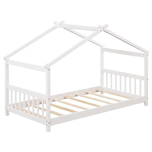 GORELAX Twin Size Floor Kid House Bed with Roof & Wooden Slats | Montessori Floor Bed, No Box Spring Needed, Wood Twin Size Platform Bed Frame for Boys, Girls (White, Twin) thumbnail 9