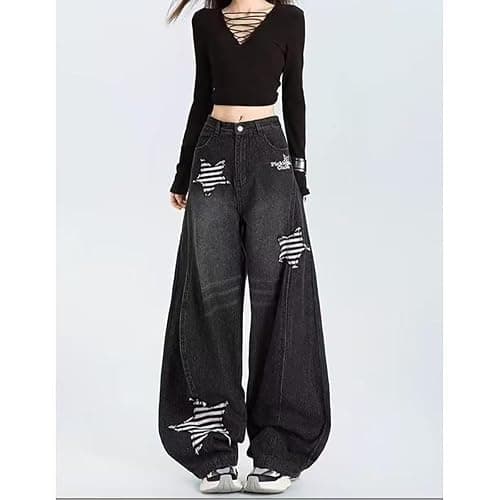 INFENU American Men's Women's Retro Star Patch Wide Leg Jeans, Personalized Design Loose Y2K Hip-hop Couple Casual Pants thumbnail 3