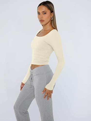 Trendy Queen Womens Long Sleeve Shirts Crop Tops Fall Fashion 2025 Square Neck Going Out Basics Tees Y2k Clothes thumbnail 3