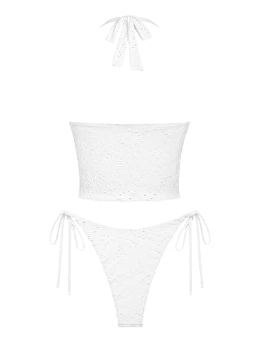 seamoly Vintage Eyelet Jacquard Textured Bowknot Decor Halter Tie Side Tankini Set thumbnail 7