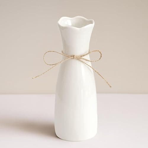 Small Vase White Ceramic Jute Rope Simple Vases for Home Decor Minimalist Modern Flower Vase Elegant Decorative Glossy Vase for Pampas Grass, Office, Living Room, Mantel and Bedroom Décor - Image 1