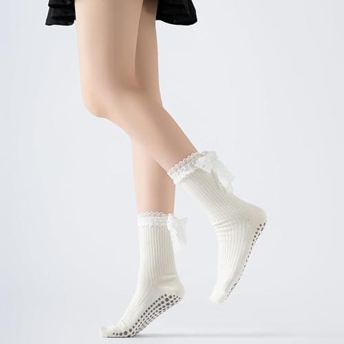 Verdancy Women’s Yoga Pilates Socks with Frills and Lace up Non Slip Cushioned Grips Crew Socks thumbnail 9