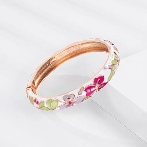 UJOY Classic Cloisonne Bracelets Enamel Jewelry Plated Bamboo Flower Cuff Metal Bangle for Women Gift Box thumbnail 6