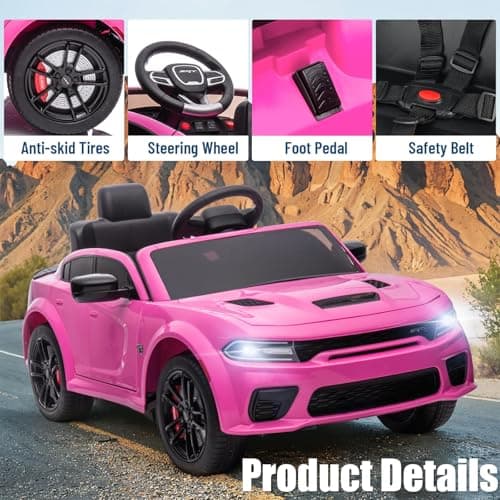 Electric Car for Kids,Licensed Dodge Charger SRT Hellcat Ride on Car,3.1mph Max Speed,12V 7A Kids Electric Vehicle with Remote Control,Music,LED Light,Bluetooth (Pink) - Image 1
