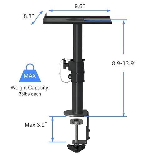 suptek Clamp-on Speaker Stand Desk Mount Set, Height Adjustment, Tilt, Swivel, 9.6 x 8.8 inch Trays, Universal Audio Holders for Computer and Bookshelf Speakers, Elevated Sound, 2 Pack, Black, SDM001B thumbnail 4