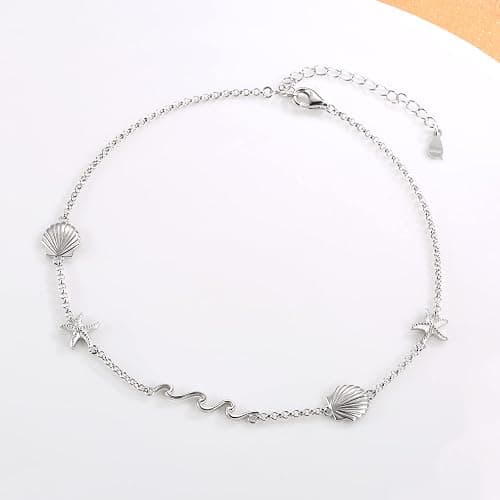 Ocean Wave Beach Shell Anklet 925 Sterling Silver Sea Starfish Seashell Ankle Bracelet Summer Jewelry Gifts for Women thumbnail 2