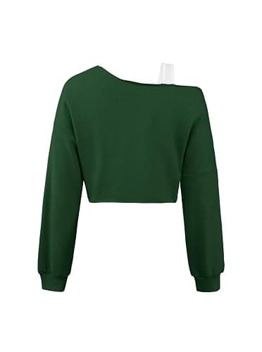 Remidoo Off The Shoulder Tops for Women Cropped Sweatshirt Long Sleeve Top Asymmetrical Patchwork Shirt thumbnail 2