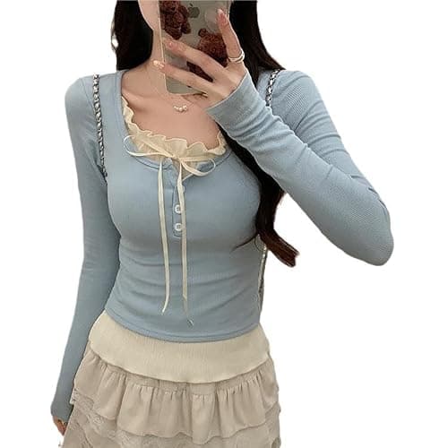 Y2K Coquette Shirts Girly Lace Patchwork Tight Crop Tops Women Fairycore Aesthetic Baby Tee Bow Tie Cutecore Clothes - Image 1