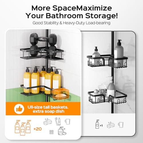 HAMITOR Shower Caddy Tension Pole: 4-Tier Corner Rustproof Bathroom Organizer with Soap Holder & Hooks - No-Drill Adjustable Shower Shelf for Renters - Family Stand Storage Rack - 47-123 Inch Black thumbnail 5