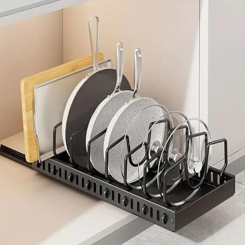 AmoiChic 2 Pack Pull Out Cabinet Organizer for Pots and Pans, Black Storage Rack with 8 Adjustable Dividers, Kitchen Cabinet Organizer for Pot Lids, Bakeware, Dishes Storage thumbnail 8