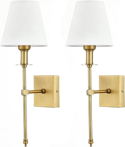 Enyhom 2 Stücke E27 Wandleuchten Innen Vintage Flur Wandlampe Deko Gold Industrial Wandlampe mit Weißem Stoffschirm für Spiegel, Wohnzimmer, Schlafzimmer und Treppe (Ohne Glühbirne) - Image 1