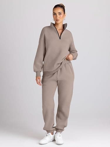 Trendy Queen Womens 2 Piece Outfits Long Sleeve Sweatsuits Half Zip Sweatshirts with Fleece Joggers Sweatpants - Coffeegrey - Large thumbnail 2