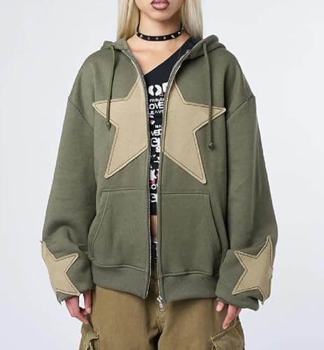 ROAONOCOMO Women Y2K Zip Up Hoodie Star Printed Oversized Sweatshirts Fairy Grunge Graphic Hooded Jacket Harajuku Streetwear - C-green Star Print - Small thumbnail 3