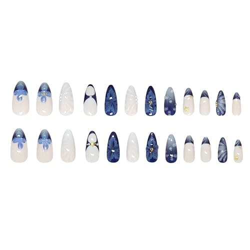 24Pcs Blue Flower Press on Nails Medium Almond French Tip Fake Nails with 3D Gold Starfish Pearls Designs Lily Flowers False Nails Blue Gradient Full Cover Cute Floral Acrylic Stick on Nails for Women thumbnail 6