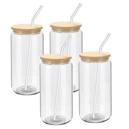 YOUKE OLA 20 Pack Glass Cups with Bamboo Lids and Glass Straw 16oz Beer Can Shaped Drinking Glasses Cups, Glass Tumbler Reusable Cute Cups for Whiskey, Iced Coffee, Tea, Soda, Cocktail, Gift, Clear thumbnail 6