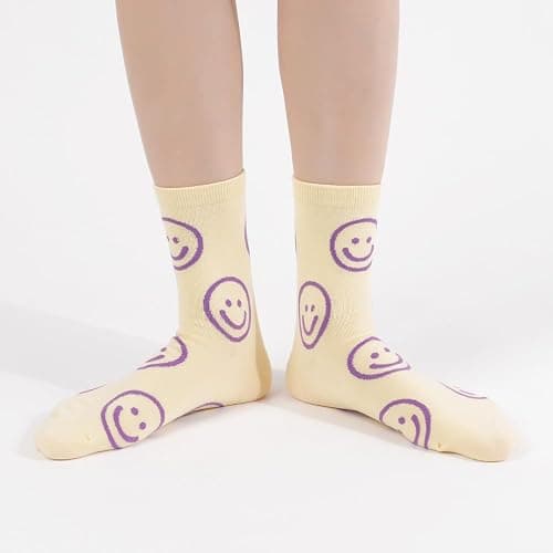 Kikiya Women's Cotton Crew Socks - Cute Smiley Face Funny Bow Fruit Graphic Crazy Animal - Ladies Girls Casual Socks Size 6-8 thumbnail 9