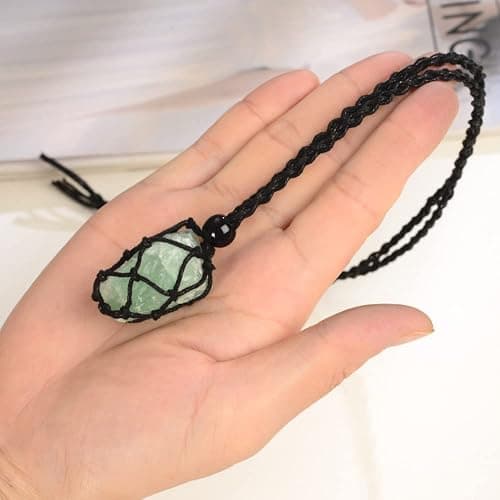 Anjiucc Natural Gemstone Crystal Pendant Necklace Stone Holder Necklace Cord Hand-Woven Necklace with Adjustable Length for Women Men - A-Green Fluorite thumbnail 5