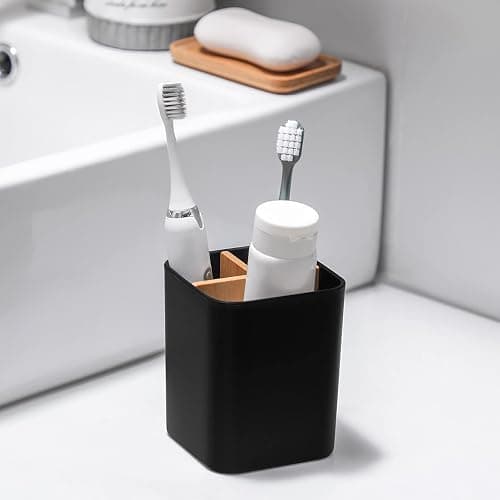 Bamboo Toothbrush Holder for Bathrooms, 3 Slots Toothbrush and Toothpaste Holder Bathroom Counter Organizer for Electric Toothbrushes, Floss, Razors - Black - Black - 3 Slots thumbnail 2