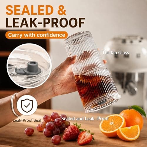 4 Pack 20oz Ribbed Glass Tumblers with Lids, Straws & Cleaning Brushes, Thickened High Borosilicate Reusable Iced Coffee Cups, Leak-Proof for Smoothies, Cocktails, Home & Office thumbnail 4