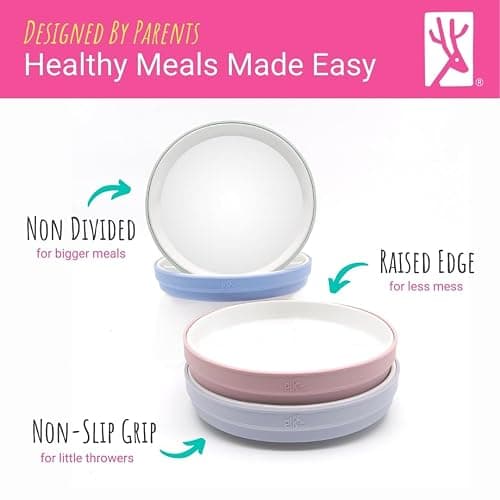 Elk and Friends Kids 7.8” Porcelain White Plates with Silicone Sleeves | Suitable for Babies/Toddlers | Microwave & Dishwasher Safe | Non Slip Dinnerware | Snack Dishes | 4 Pack thumbnail 4