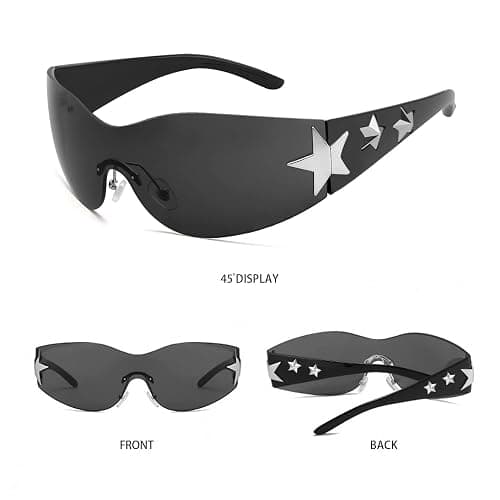 Haqptul Rimless Y2K Sunglasses Star Wrap Around Glasses 2000S Accessories for Women Men Trendy Fashion Cool Shield Shades thumbnail 7